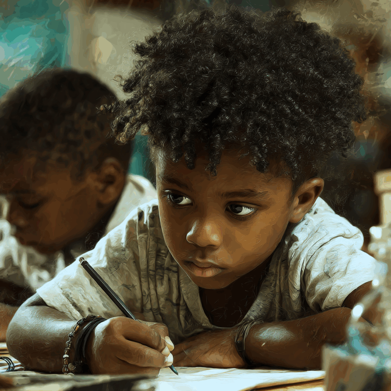 Distracted child with pencil in hand trying to focus