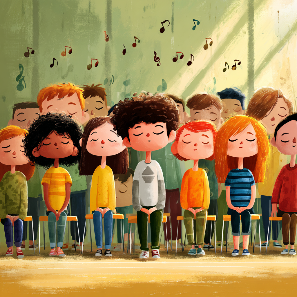 classroom of children practicing a mindfulness activity for kids